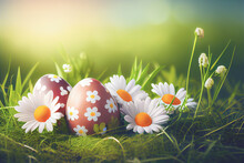 Colorful Easter Eggs Among Daisies In Green Grass Field With Copy Space. Generative AI