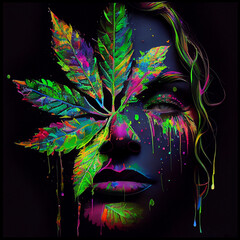 Face with hemp leaf. AI generative.