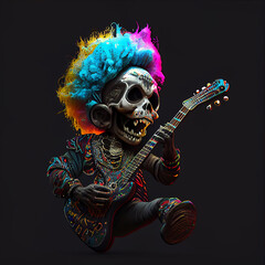 Baby skeleton with colorful hair playing guitar. Generative AI..