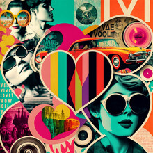 60s Retro Style Pop Art Collage Background. Fashion And Travel. Retro Print Style.  Digital Illustration, Generative AI