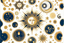 Mystical Gold With Stars, Moon Phases, Crescents, Arrows And Copy Space On White Background. Ornate Shiny Magical Space Tarot Card With Space For Text. Generative AI
