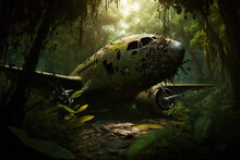 Generative AI Illustration Of Plane Wreck In Jungle