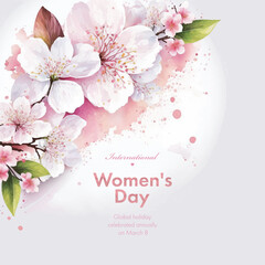 Wall Mural - Collection of сherry blossom flowers and branches in vector watercolor style. Women's day on March 8