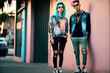 © Uncanny Valley - Hipster teenage couple who have alternative, rock and roll style. An eccentric teenagers who expresses musical style through styling in city street. Illustration. Generative AI.