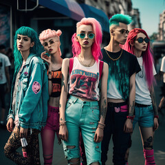 Hipster group of teenagers who have alternative, rock and roll style. An eccentric friends who expresses musical style through styling in city street. Illustration. Generative AI.