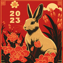 Chinese Year Of The Rabbit - Chinese New Year 2023 Illustrated Greeting Card With Bunny, Red Traditional Design. Lunar New Year Concept, Vintage Retro Design, Illustration, Collage.