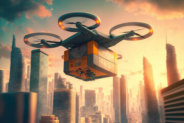 A futuristic delivery drone flying over a city skyline, with a package securely attached, delivering to a skyscraper, generative ai