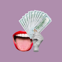 Canvas Print - Woman's big wide open mouth with red lips and hand holding wad of hundred-dollar cash banknotes on a purple color background. Trendy collage in magazine style. 3d contemporary art. Modern design