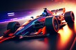 Modern F1 sports racing car driving fast on a track with bright lights
