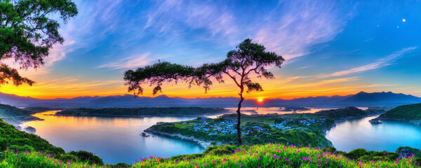 Wall Mural - sunset over the river