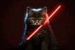 dark side jedi cat holding red light saber illustration generative ai