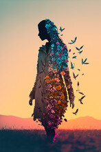 Silhouette Of A Young Beautiful Girl Created From Flowers, Butterflies And Birds Walking On The Landscape During Sunset. Illustration. Generative AI.