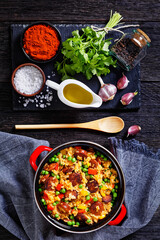 Poster - smoked sausages with rice and vegetables, top view