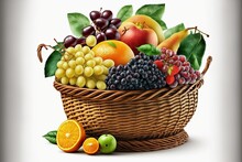 Composition With Variety Of Fruits And Wicker Basket