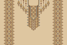 Beautiful Floral Neckline Embroidery On Brown Background.geometric Ethnic Oriental Pattern Traditional.Aztec Style Abstract Vector Illustration.design For Texture,fabric,fashion Women Wearing,print.
