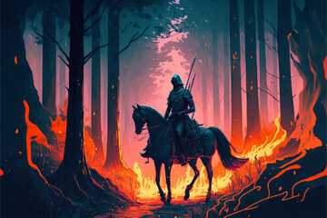 Wall Mural - The knight with a spear riding a horse through the fire forest, Generative AI