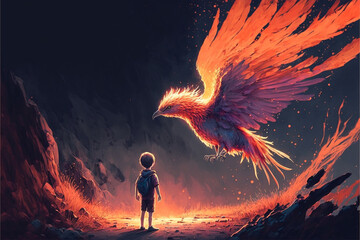 Wall Mural - The child is looking at the big phoenix bird flying above him, Generative AI
