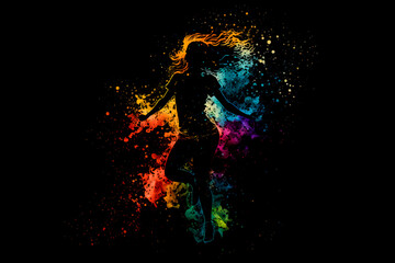 Wall Mural - Female dance in abstract multi color paint explosion on black background. Freeze motion female jump through paint splash. Paint clouds with person silhouette on black background, Generative AI.