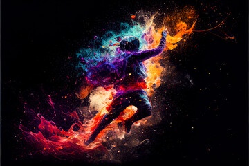 Wall Mural - Male jump in abstract multi color paint explosion on black background. Freeze motion male riuning through paint splash. Paint clouds with person silhouette on black background illustration.
