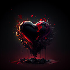 Wall Mural - Heart shaped red color paint explosion on black background. Heart symbol on black background. Red heart Valentine's Day texture. Generative AI red glass heart on black background.