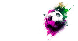 Fototapeta Sport - Soccer ball in colorful paint explosion on white background, Generative AI. Soccer, football, sport design element or background for banner.