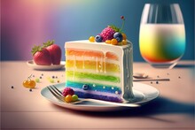 Birthday Rainbow Cake With Milk Glaze And Berries, On Plate, On Table, With Party On Background, Fresh Light, Sunny Day, Created  Whit  Generative AI