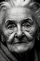  Generative AI illustration of highly detailed pencil drawing of sweet old lady portrait