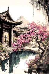 Wall Mural - Chinese temple with a pond and cherry blossom, vertical artwork in vintage style, generative ai