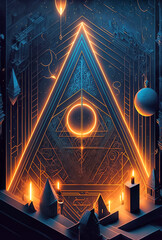 Wall Mural - Abstract background, glowing magic geometric signs and symbols, mysterious runes, dark vertical illustration