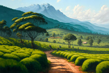Tea Plantations In The Highlands Of Sri Lanka. Digital Landscape Painting