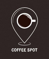 Cup of coffee with hand drawn location symbol around it over blackboard background. Coffee spot concept