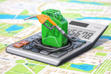 Cost of fuel calculation concept. Gas pump nozzle, gasoline canister amd calculator on city map.