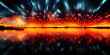 Fireworks Over Water Reflection Landscape Created With Generative AI Technology