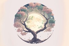 Illustration Zen D'un Arbre Paisible Et Doux Avec La Lune