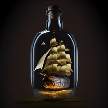 Ship In A Lying Bottle In Black Background