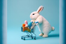 Cute Easter Bunny Rabbit With Shopping Basket And Colored Eggs For Spring Easter Holiday Background Design.