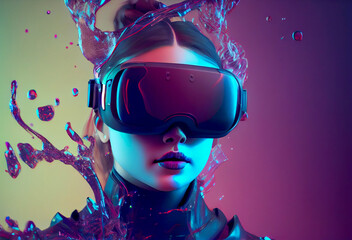 Wall Mural - VR concept . 3d character style nft collection with VR goggles immersed in backlit diffuse liquid. metaverse concept, technology, video games and virtual reality, generative artificial intelligence