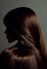  Perfekte, gesunde und glänzende braune Haare im Fokus eines Portraits. Perfekt für Friseur- Haarfarbe- und Shampoo- werbung. -Generative Ai