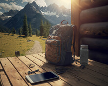 Portable Solar Panel Attached To Rucksack, Backpack, On Wooden Table In Alps. AI Generative, AI Generated Illustration.