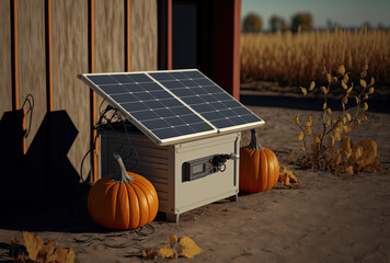 Solar panels, garden shed. Autumn season, pumpkins. AI generative, illustration generated by AI.