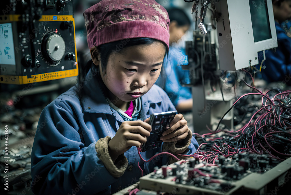 Child labour in electronics industry - a small asian girl assembling a  smartphone or computer in a factory, generative ai Stock Illustration |  Adobe Stock