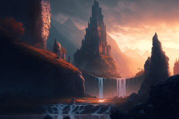 Wall Mural - fantasy mountains in a magical gorge AI