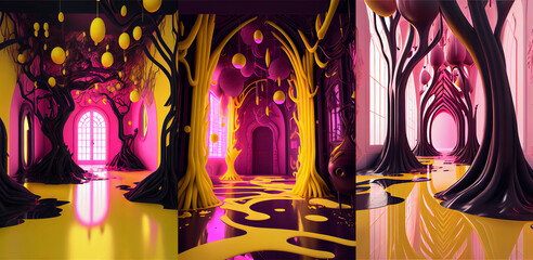 Wall Mural - Beautiful and magical hall of a castle. Surreal elements. Pink and black colors. 