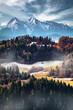 Awsome landscape od misty forest and Tatra Mountains on the horizon, Poland