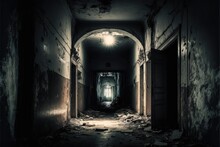 Gloomy Semi-dark Corridor In Ruined House For Abandoned Asylum