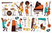 Cartoon Jazz Music. Cute Professional Musicians With Instruments, Comic Funny Characters, Orchestra Performance, Singer, Saxophonist And Pianist, Drums Guitar And Flute, Tidy Vector Set