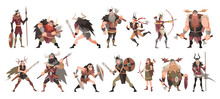 Cartoon Viking Characters. Funny Medieval Warriors, Women And Kids, Men In Horned Helmets, Animal Skins, Hold Weapons And Wooden Traditional Shields, Medieval Folk People, Tidy Vector Set