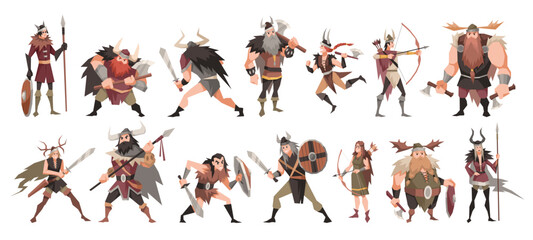 cartoon viking characters. funny medieval warriors, women and kids, men in horned helmets, animal sk