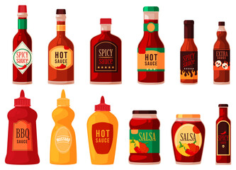 Set of bottles with hot sauce dressing. Spicy seasoning for your dishes. Traditional spicy sauces. Vector illustration