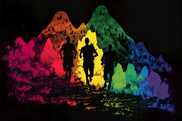 Dynamic marathon runners silhouette running towards you in the mountains with big colorful hill silhouette background